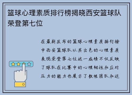 篮球心理素质排行榜揭晓西安篮球队荣登第七位